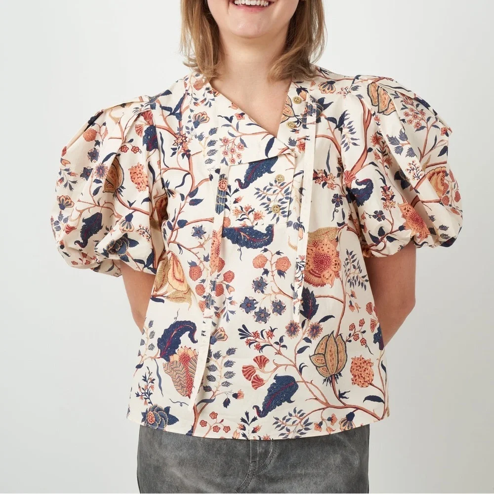 Ulla Johnson Cream Floral Puff-Sleeve Blouse with Navy and Rust Motif